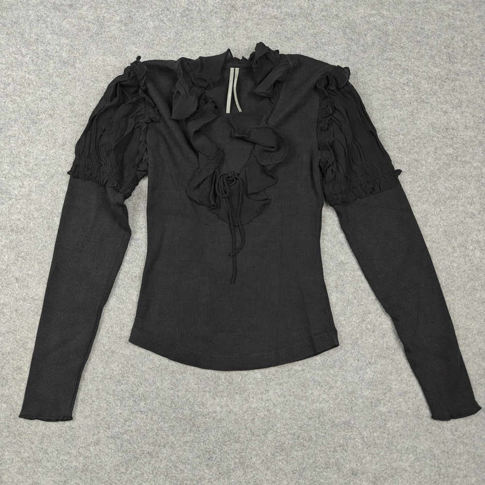 Anthropologie Blouse Womens Small Black Ruffle V Neck Long Puff Sleeve Top